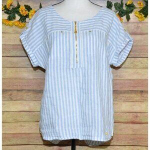 Ellen Tracy Blue Striped Linen Cuffed Short Sleeve Blouse Size L Summer Coastal